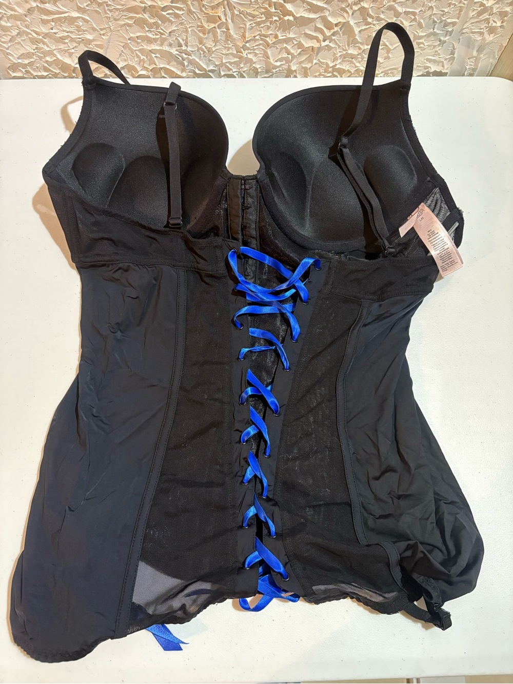 La SENZA Black Bustier with Blue Ribbon Corset Detail